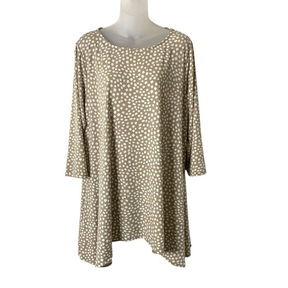 Alfani Womens 2X Tunic Top Tan White Printed 3/4 Sleeve Asymmetric Hem Stretchy - Picture 1 of 12